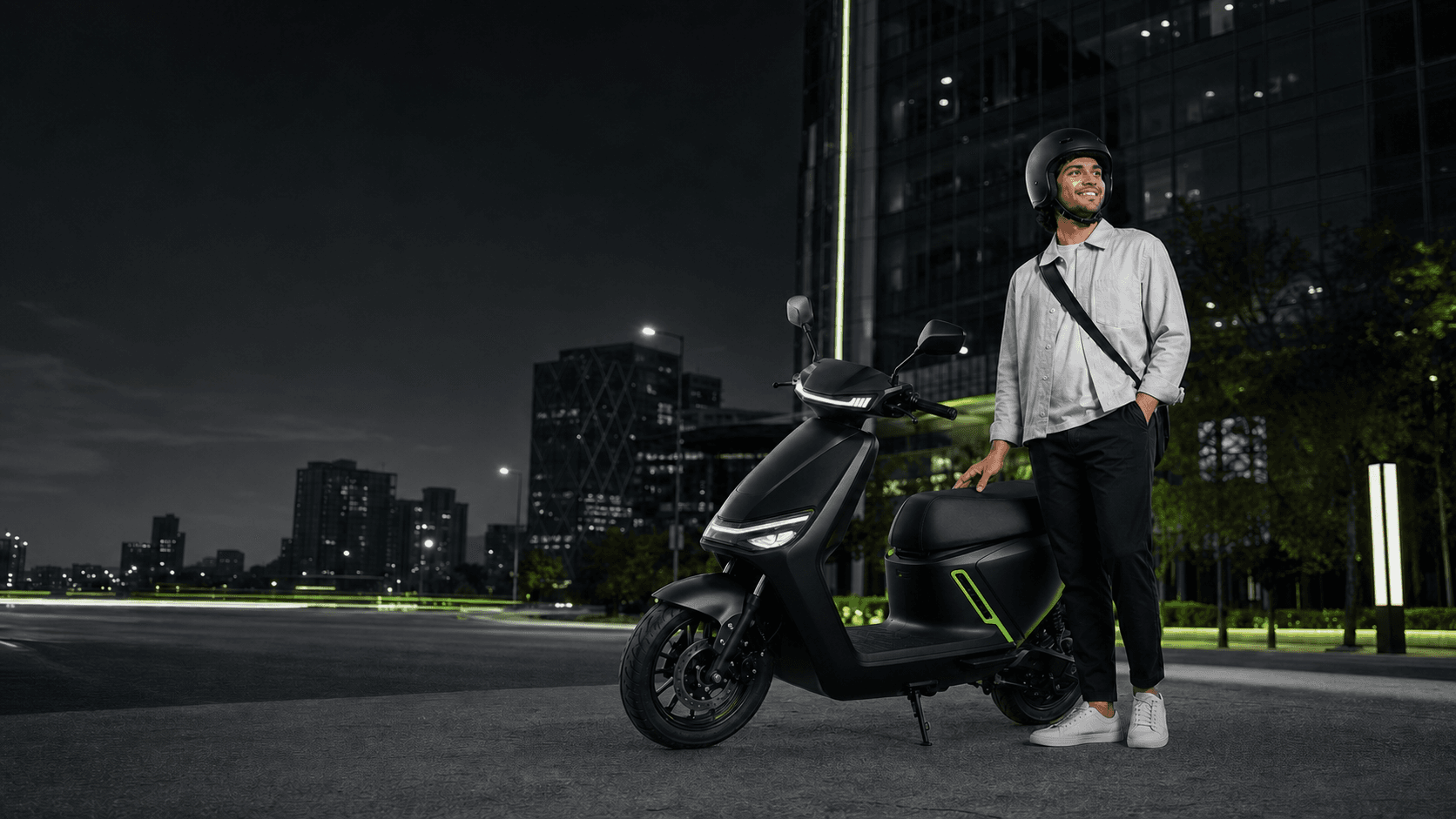 Supported electric scooter ready for a city customer