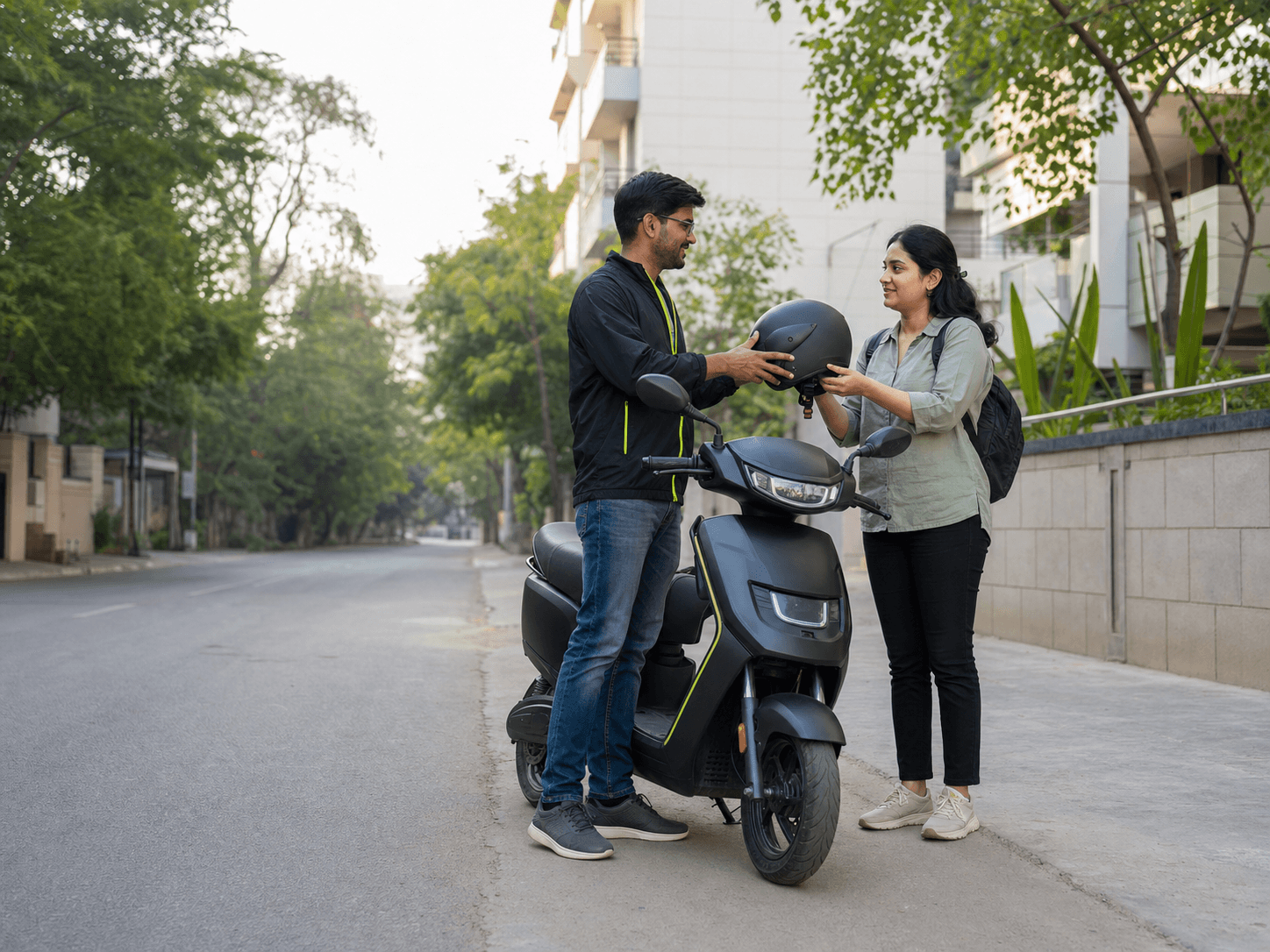 eWheelGo team member handing a helmet to an electric scooter customer