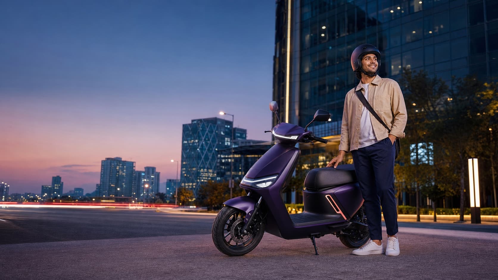 Electric scooter customer ready for a city journey