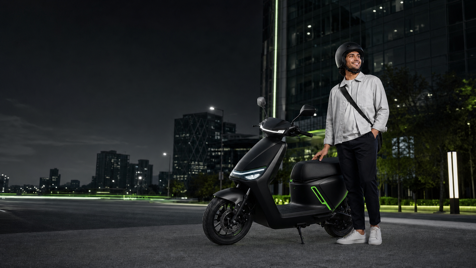 Supported electric scooter ready for a city customer